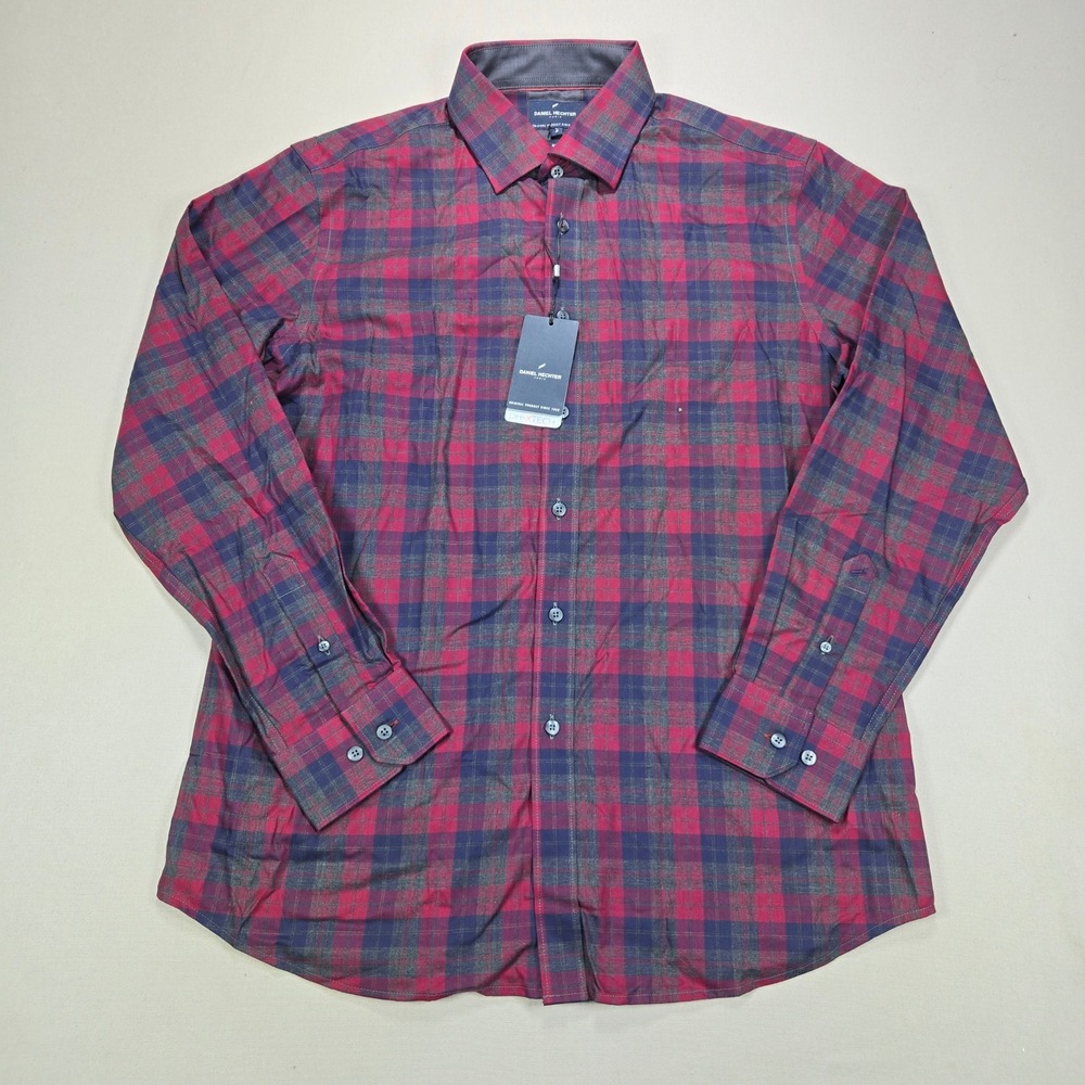Daniel Hechter Paris Shirt DH-XTECH Non-Iron Plaid Red Navy Mens Large